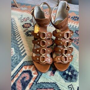 Michael Kors Nadine Tan Leather Platform Wedges in Color Luggage Womens Size 7